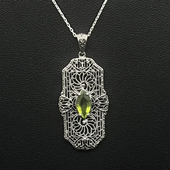 Sterling Silver Green Peridot Filigree Pendant Art Deco Revival 925 Silver Chain - Picture 4 of 7